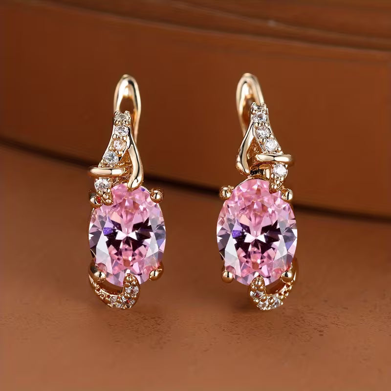 18K Gold Plated Blue Stone Stud Earrings Trendy Women Round Oval Cut White Blue Red Pink Stone Drop Earrings Anniversary Claw Earrings Jewelry