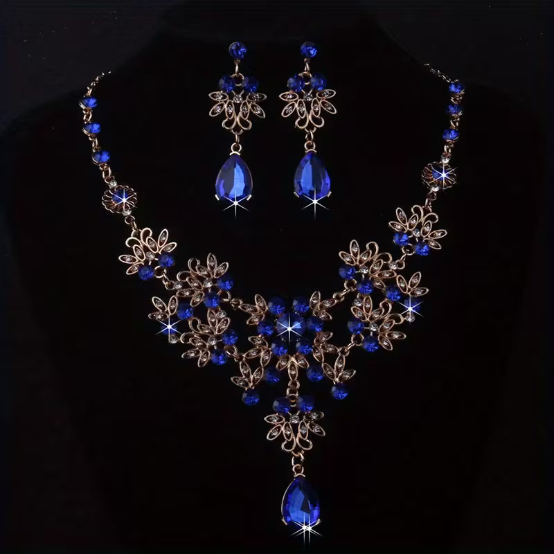 Royal Blue Leaf-Shaped Flower Necklace and Earrings Set for Women, Wedding Chain, Stage Performance Party Hall Necklace