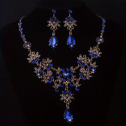 Royal Blue Leaf-Shaped Flower Necklace and Earrings Set for Women, Wedding Chain, Stage Performance Party Hall Necklace