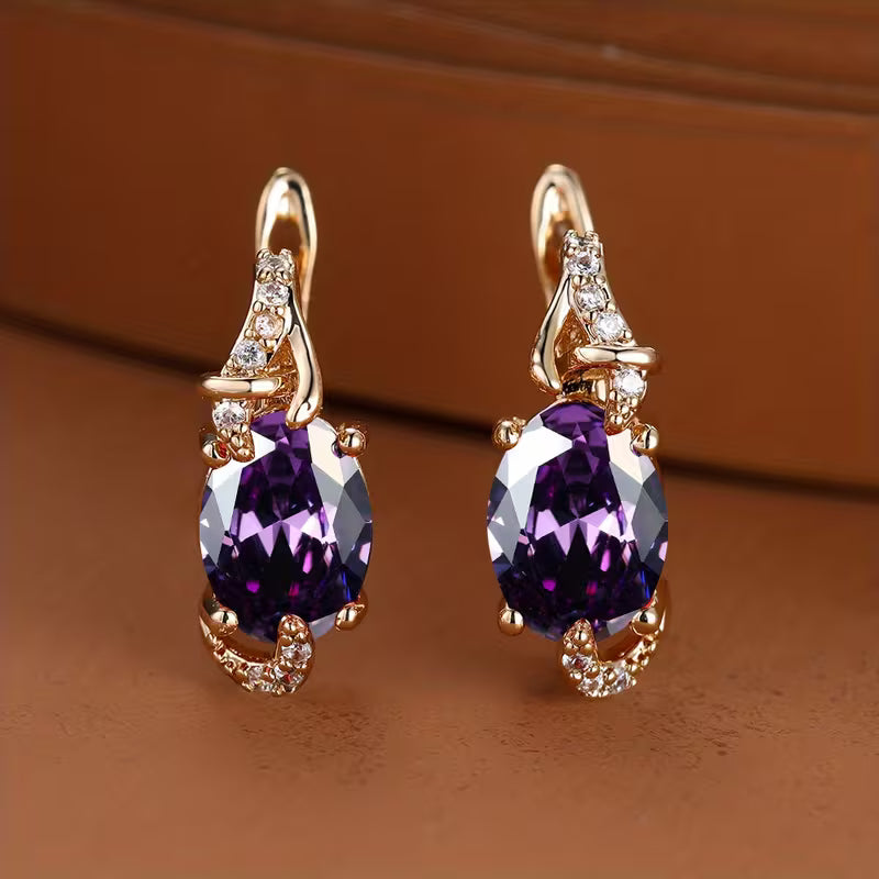 18K Gold Plated Blue Stone Stud Earrings Trendy Women Round Oval Cut White Blue Red Pink Stone Drop Earrings Anniversary Claw Earrings Jewelry