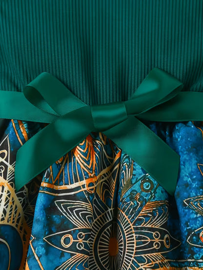 Summer Girls' Dress with Ribbon Belt, Peplum Sleeves, Fine Ribbed Round Neck, Elastic Waist, Ethnic Peacock Print, Princess Court Style, Color Block Design, Suitable for Dates, Parties, Gatherings, and School Style, Elegant