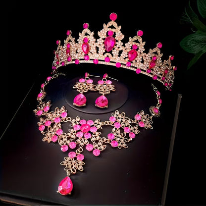 Three-Piece Bridal Crown Set Including a Tiara, Necklace, And Earrings, Perfect for Fairy-Tale Weddings, Photo Shoots, And Parties