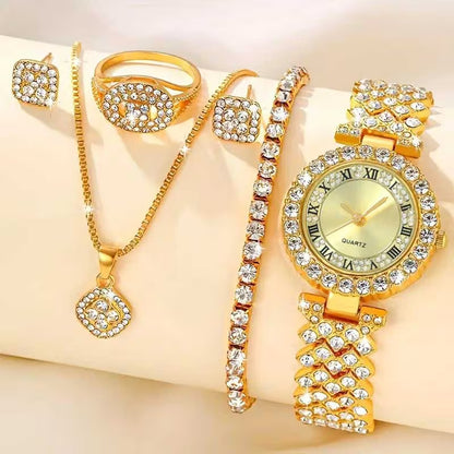 6pcs Women'S Fashion Bracelet Watch, Women'S Quartz Watch + Bracelet + Earrings + Necklace + Ring, Women'S Gift