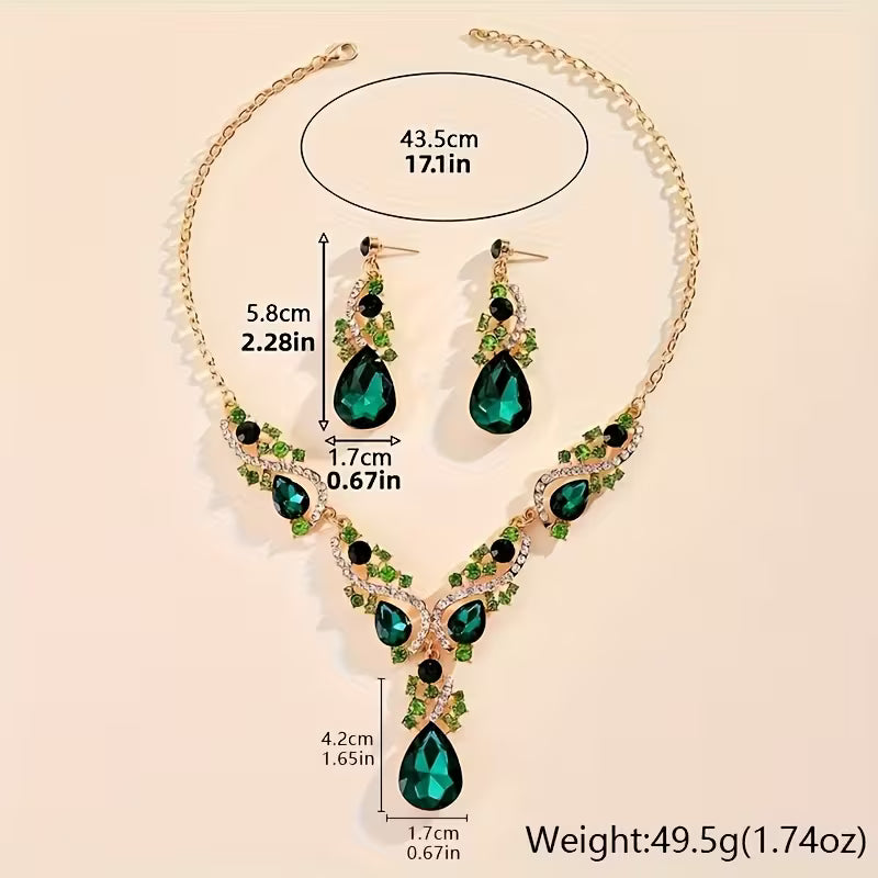 3pcs Set of Light Luxury Emerald Green -encrusted Vintage Alloy Rhinestone Women's Jewelry Set, Suitable for Banquets and Weddings, Ideal for Gifting