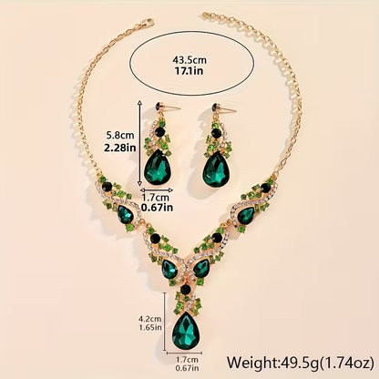 3pcs Set of Light Luxury Emerald Green -encrusted Vintage Alloy Rhinestone Women's Jewelry Set, Suitable for Banquets and Weddings, Ideal for Gifting