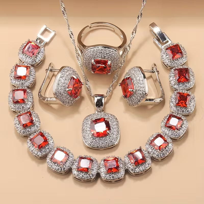 A Newly Designed Square Zirconia Fashion Jewelry Set for Women, Including Earrings, a Necklace with a Pendant, a Bracelet, And an Adjustable Ring Suitable for Various Occasions