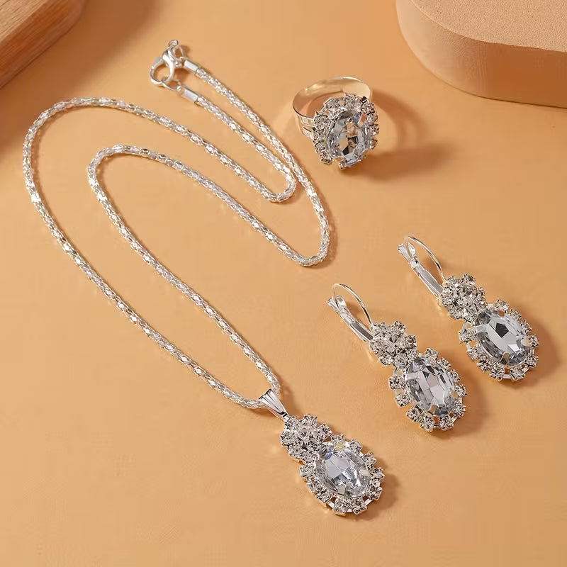4pcs Exquisite Versatile Fashion Jewelry Rhinestone Silvery Collarbone Chain Earrings Ring Set for Women's Daily and Festive Wear