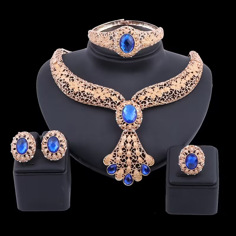 Vintage Golden Filigree Jewelry Set with Synthesis Created-Sapphire Artificial Crystal - Necklace Earrings Bangle Ring for Wedding Party Prom Bridal Jewelry Gift