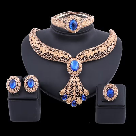 Vintage Golden Filigree Jewelry Set with Synthesis Created-Sapphire Artificial Crystal - Necklace Earrings Bangle Ring for Wedding Party Prom Bridal Jewelry Gift
