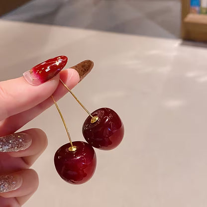 Elegant Burgundy Long Cherry Earrings for Women - Chic Resin & Alloy Fashion Accessory
