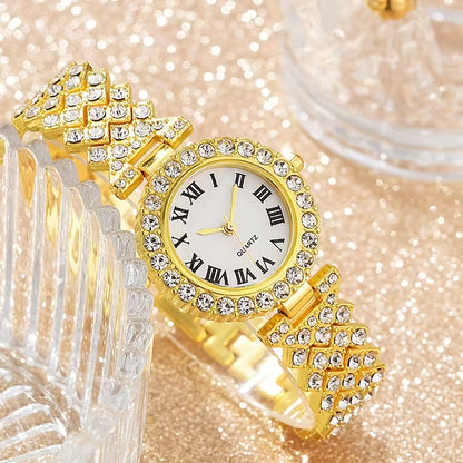 6pcs Set of Elegant Gold-Tone Round Alloy Quartz Watches for Women, a Classic And Versatile Choice