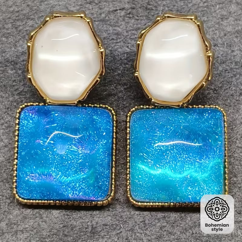 Elegant Boho Chic Irregular Square & Oval Resin Earrings - French-Inspired, Versatile Golden-Tone Dangle Earrings with Stainless Steel Posts for Daily Wear and Parties, Quirky Earring