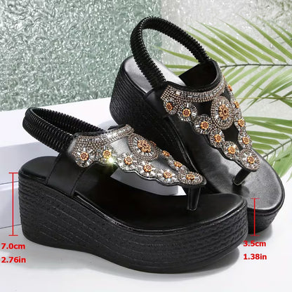 Fashionable Hit! Rhinestone-embellished "Black Platform Thong Sandals," Stunning and Eye-catching, Women Shoes