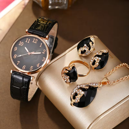 Leaf Digital Dial Women's Watch, Fashionable and Versatile Quartz Wristwatch + Jewelry Four-Piece Set