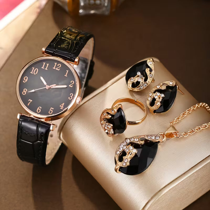Leaf Digital Dial Women's Watch, Fashionable and Versatile Quartz Wristwatch + Jewelry Four-Piece Set