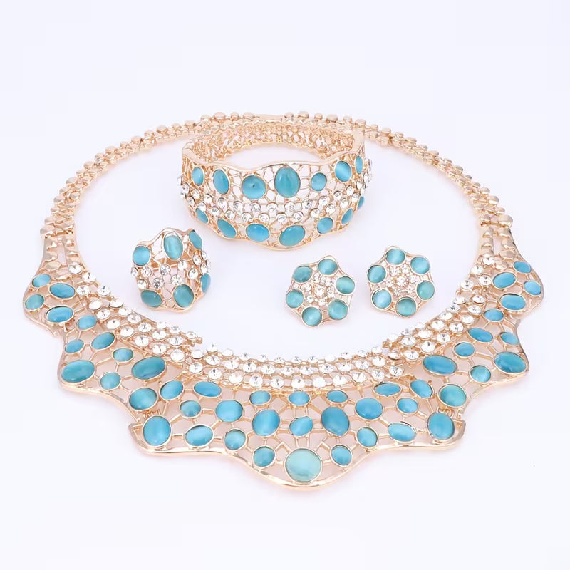 Elegant Jewelry Collection for Women Featuring Faux Cat'S Eye, Rhinestones, And a Golden Necklace, Earrings, Bangle, And Ring, Perfect for Banquets And Proms