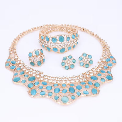 Elegant Jewelry Collection for Women Featuring Faux Cat'S Eye, Rhinestones, And a Golden Necklace, Earrings, Bangle, And Ring, Perfect for Banquets And Proms