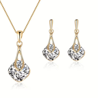 Elegant Women'S Jewelry Set - Chic Square Pendant Necklace & Teardrop Earrings, Golden-Tone with Sparkling Artificial Crystal - Ideal for Parties, Weddings, Birthdays, and Special Occasions, Wedding Jewelry|Geometric Pendant Design|Zinc Alloy, Necklace Ea