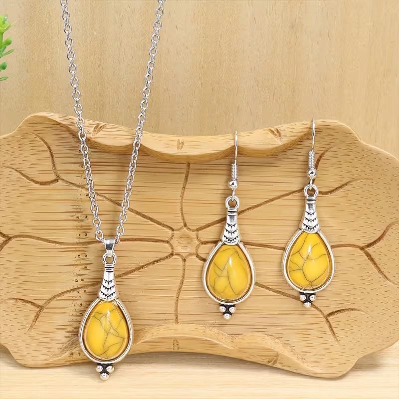 3pcs Bohemian Vintage Style Women's Jewelry Set, Silvery Teardrop Zinc Alloy with Yellow Acrylic Earrings and Necklace Set, Simple and Stylish, Versatile for All Seasons