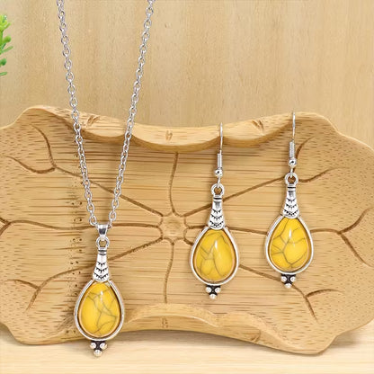 3pcs Bohemian Vintage Style Women's Jewelry Set, Silvery Teardrop Zinc Alloy with Yellow Acrylic Earrings and Necklace Set, Simple and Stylish, Versatile for All Seasons