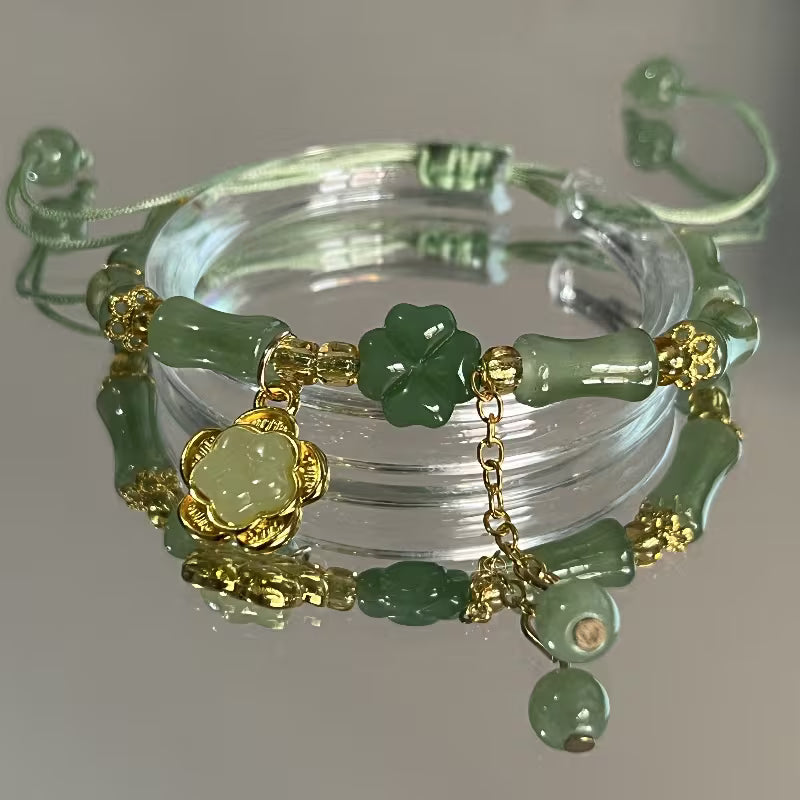 1pc Lucky Four-Leaf Clover Coin Purse Bracelet - Green Beads & Lucky Elements, Resin Glass Texture, Tribal Style, Perfect Mother'S Day Gift, Daily Wear, Party Occasion