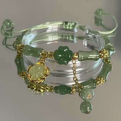 1pc Lucky Four-Leaf Clover Coin Purse Bracelet - Green Beads & Lucky Elements, Resin Glass Texture, Tribal Style, Perfect Mother'S Day Gift, Daily Wear, Party Occasion