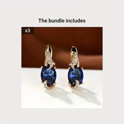 18K Gold Plated Blue Stone Stud Earrings Trendy Women Round Oval Cut White Blue Red Pink Stone Drop Earrings Anniversary Claw Earrings Jewelry