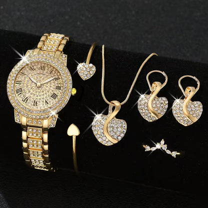 6pcs Set of Elegant Gold-Tone Round Alloy Quartz Watches for Women, a Classic And Versatile Choice
