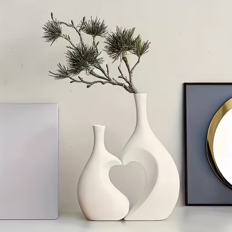 2pcs Modern Bohemian Black & White Bell Vase Set with Heart Decor - Plastic Flower Vases for Home, Wedding, Table Centerpiece - Bell-Shaped Vase & Heart Accent, Easy Assembly with Real/Dry Flowers, Space-Saving Decorative Vase Combo Gift