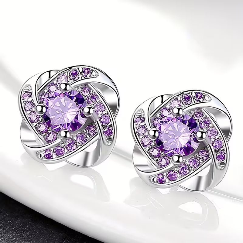 Elegant Vintage-Inspired Purple Rhinestone Four-Leaf Clover Stud Earrings for Women - Zinc Alloy, Perfect for Casual Attire