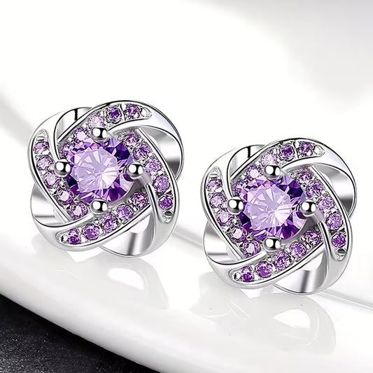 Elegant Vintage-Inspired Purple Rhinestone Four-Leaf Clover Stud Earrings for Women - Zinc Alloy, Perfect for Casual Attire