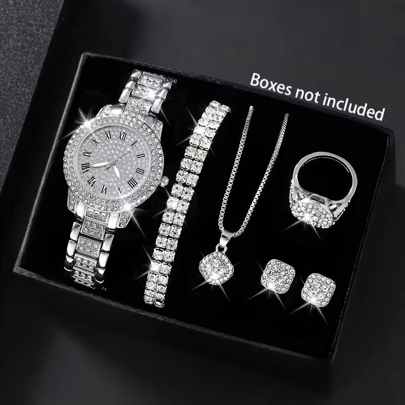 7pcs Women's Quartz Watch Concept Dial Fashion Wristwatch with Bracelet, Necklace, Ring, and Earrings Set - Perfect for Birthday Gifts and Holiday Parties, Suitable for Ladies and Students