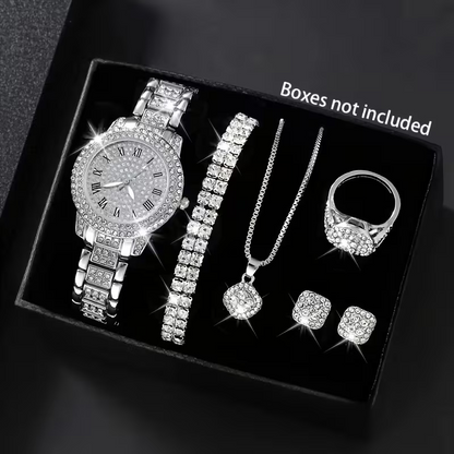 7pcs Women's Quartz Watch Concept Dial Fashion Wristwatch with Bracelet, Necklace, Ring, and Earrings Set - Perfect for Birthday Gifts and Holiday Parties, Suitable for Ladies and Students