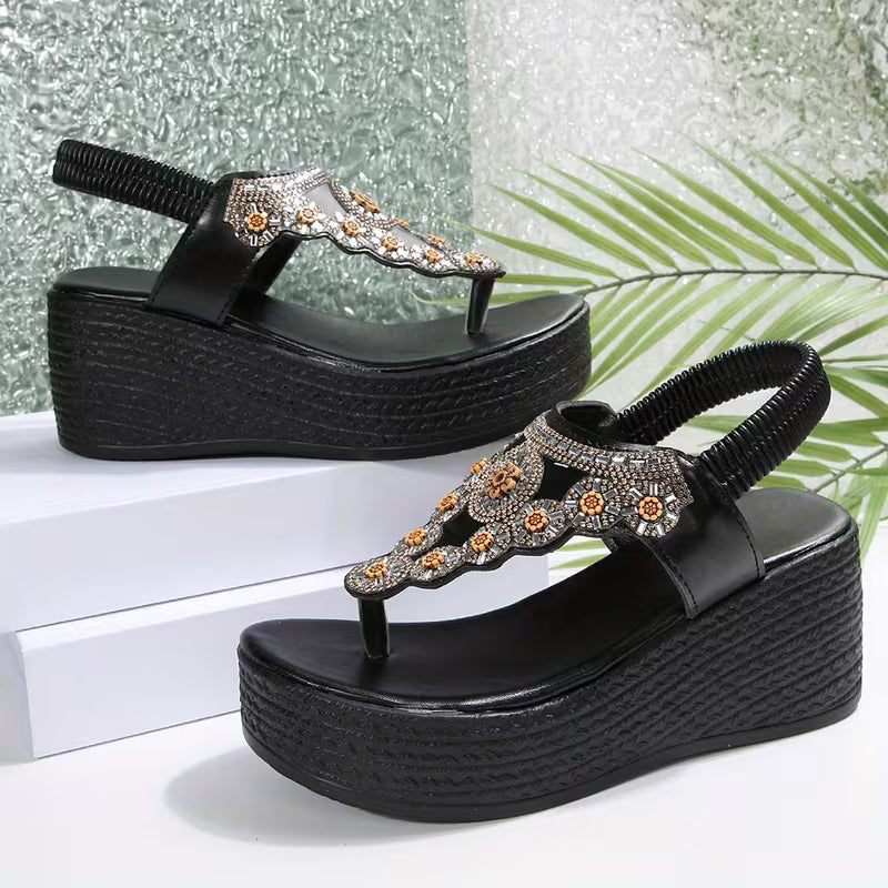 Fashionable Hit! Rhinestone-embellished "Black Platform Thong Sandals," Stunning and Eye-catching, Women Shoes
