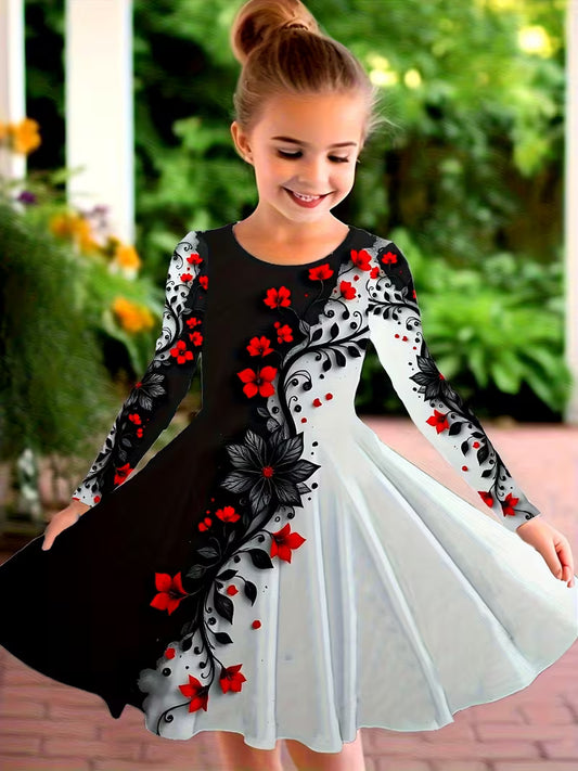 Long-Sleeved Dress for Girls with Black And White Floral Patterns, Featuring a Vintage Red Floral Vine Design. This Artistic Dress with Red And Black Flowers Is Perfect As a Birthday Or Holiday Gift, Ideal for Cute Everyday Outfits