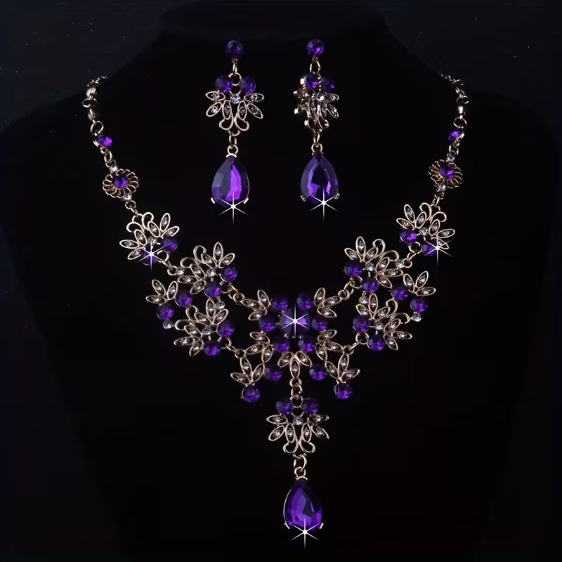 Royal Blue Leaf-Shaped Flower Necklace and Earrings Set for Women, Wedding Chain, Stage Performance Party Hall Necklace