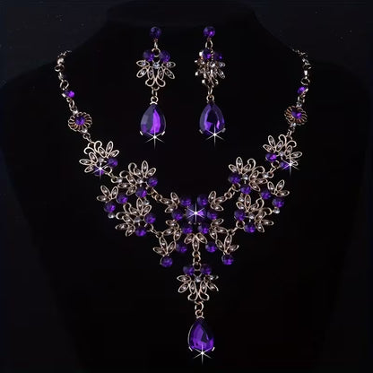 Royal Blue Leaf-Shaped Flower Necklace and Earrings Set for Women, Wedding Chain, Stage Performance Party Hall Necklace