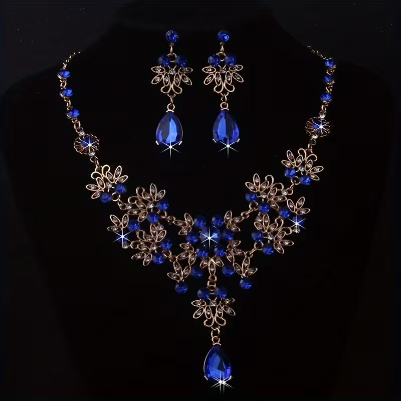 Royal Blue Leaf-Shaped Flower Necklace and Earrings Set for Women, Wedding Chain, Stage Performance Party Hall Necklace