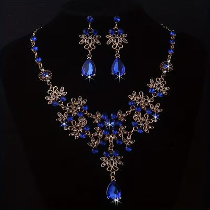 Royal Blue Leaf-Shaped Flower Necklace and Earrings Set for Women, Wedding Chain, Stage Performance Party Hall Necklace