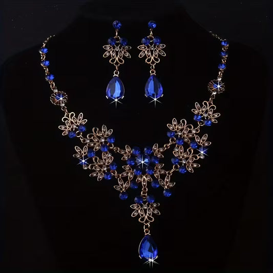 Royal Blue Leaf-Shaped Flower Necklace and Earrings Set for Women, Wedding Chain, Stage Performance Party Hall Necklace