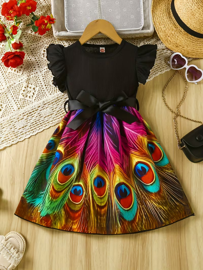 A Casual Dress with a Round Neckline, Ribbed Short Sleeves, And a Woven Feather Print, Complete with a Belt, Suitable for Outings in All Seasons