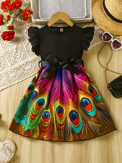 A Casual Dress with a Round Neckline, Ribbed Short Sleeves, And a Woven Feather Print, Complete with a Belt, Suitable for Outings in All Seasons