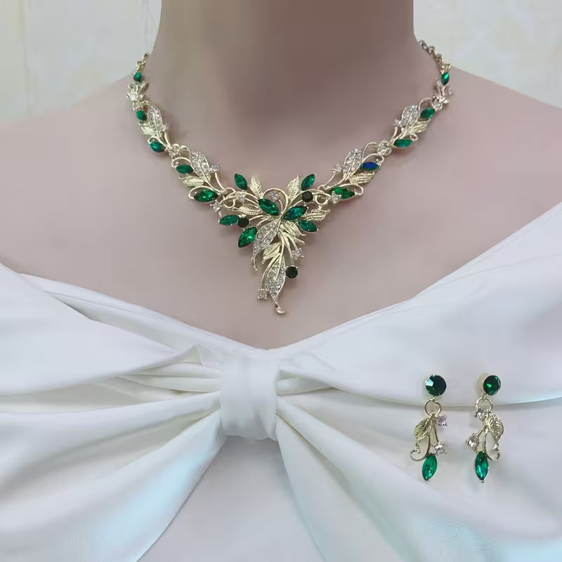 A Set of Women's Fashion Dangling Earrings and Necklace, Light Luxury Green Set for Daily Wear and Parties, Women's Accessories