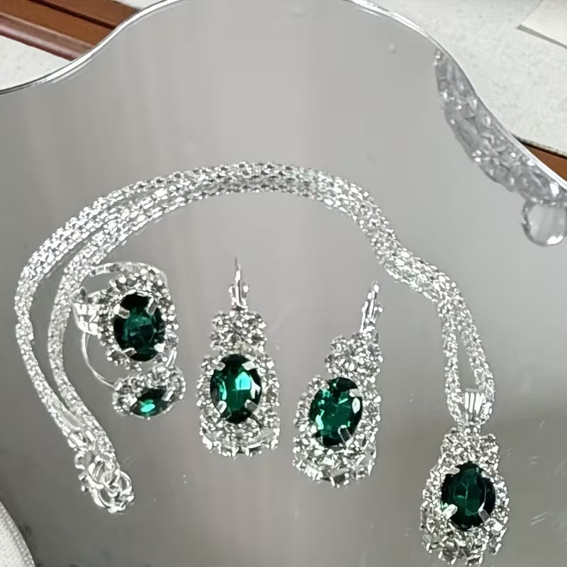 4pcs Exquisite Versatile Fashion Jewelry Rhinestone Silvery Collarbone Chain Earrings Ring Set for Women's Daily and Festive Wear