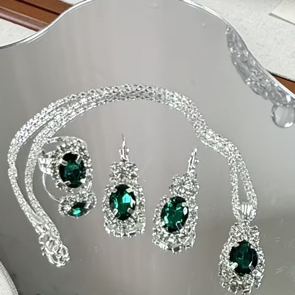 4pcs Exquisite Versatile Fashion Jewelry Rhinestone Silvery Collarbone Chain Earrings Ring Set for Women's Daily and Festive Wear
