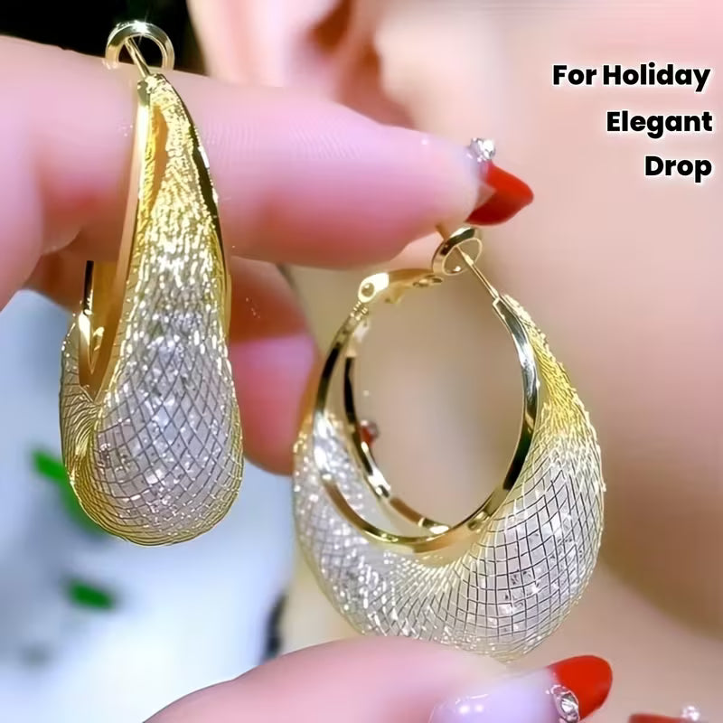 1 Pair of High-End Hollow Mesh Teardrop Drop Earrings, Versatile and Elegant, Gentle and Shiny, Suitable for Daily Commuting, Dating, or Holiday Gifting