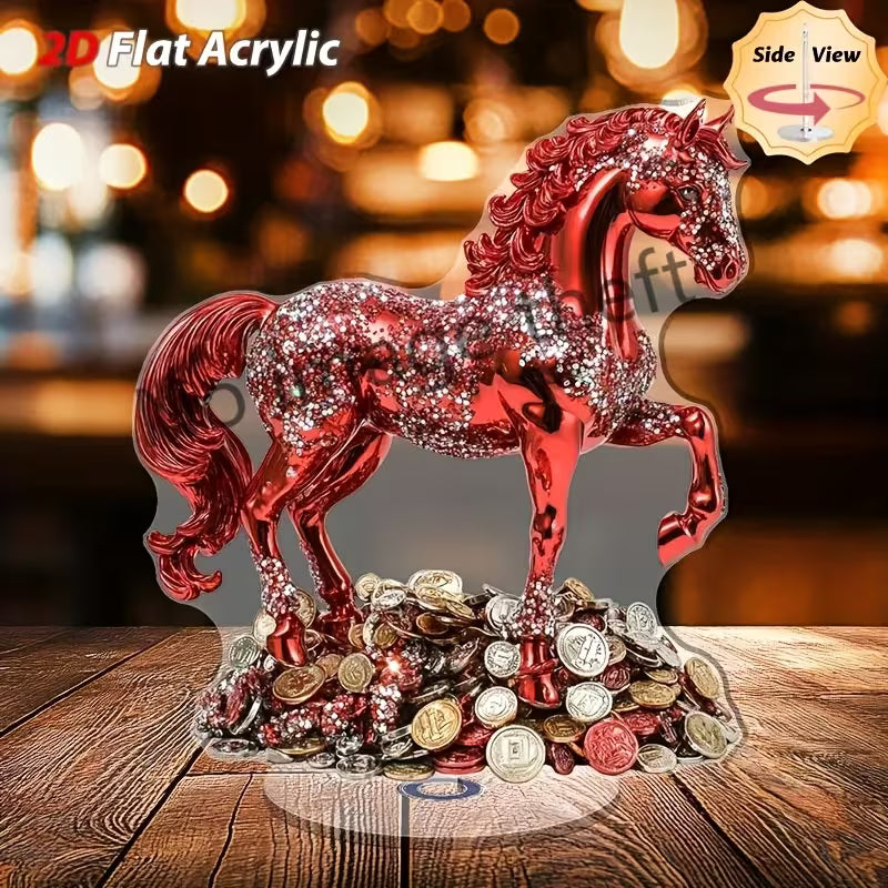 2D Flat, 2D Flat Rotating Red Horse Desktop Decoration- Sparkling Ornament, No Power Required, Suitable Home, Office, Party- Elegant Modern Interior, Desktop Decoration, 2D Flat