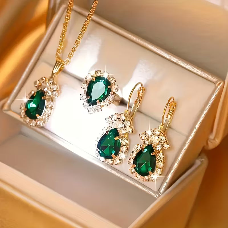 Colorful Water Drop 4pcs Jewelry Set! Made of Stainless Steel Rhinestones, This Necklace, Earring, and Ring Combination Is Perfect for Holiday Gifts