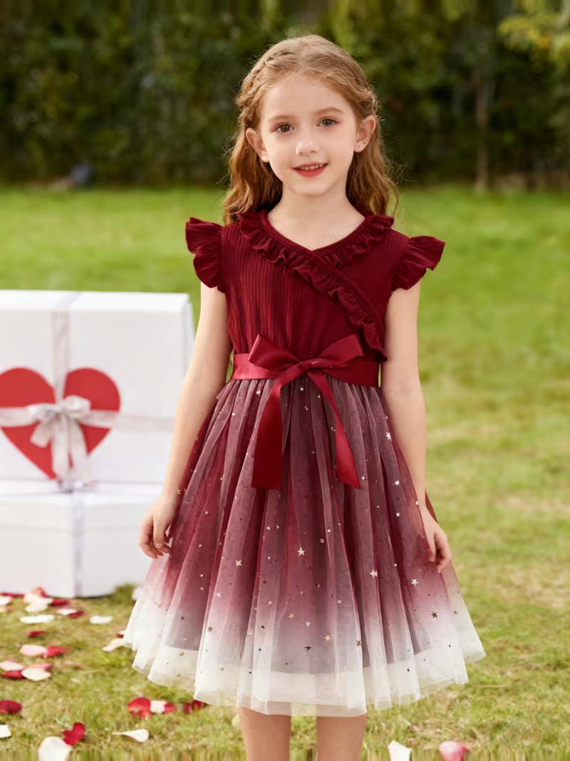 A Vintage Elegant Starry Sky Sequined Mesh Ruffled Lace Hem Princess Dress with a Belt, Perfect for Christmas, Valentine'S Day Gifts, Holiday Parties, Gatherings, Birthdays, Evening Events, Or Everyday Wear