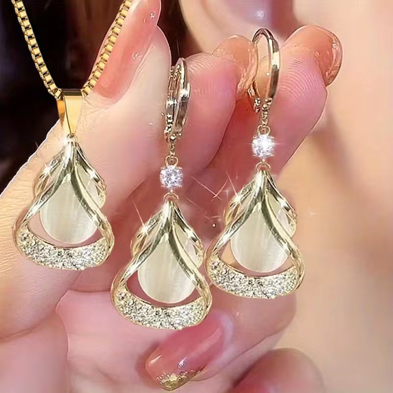 1 Set Elegant and Stylish New Cat's Eye Geometric Earrings & Necklace Drop Pendant Jewelry Set - Versatile, Delicate Gift for Valentine's Day, Weddings, or Parties, for Teenager